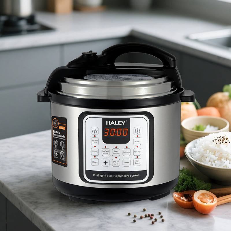 Oală Sub Presiune Electrică Multifuncțională HALEY 10 în 1, 1200W, 6L, Negru/Argintiu – Gătire Rapidă și Inteligentă